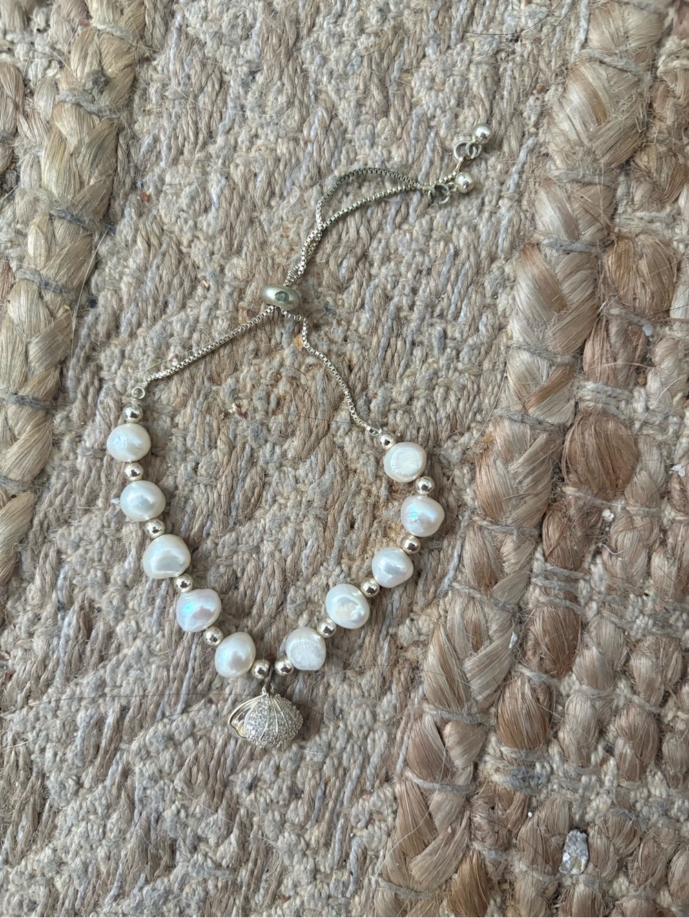 Silver Pearl Bead Necklace with Shell Pendant - White
